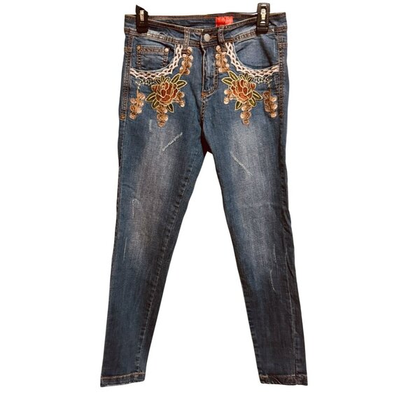 V Cristina Womens Embroidered Jeans Sz2 Midrise Slim Leg Stretch Boho Distressed - Picture 1 of 5